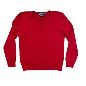 Polo Ralph Lauren Men's Sweater Red 100% Lambs Wool V-Neck Vintage Size XL